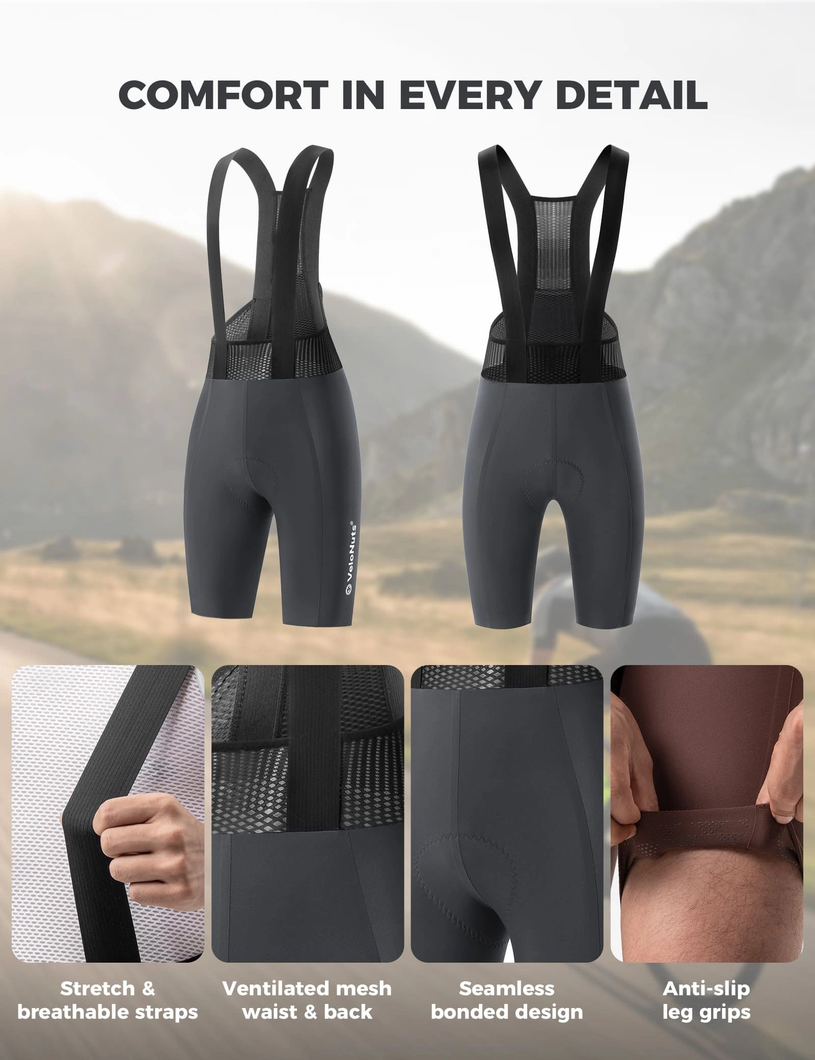 Velonuts Men's Cycling Bib Shorts with Breathable Mesh, Seamless Bonded Panels, Elastic Interface® Chamois, and Non-Slip Leg Grippers