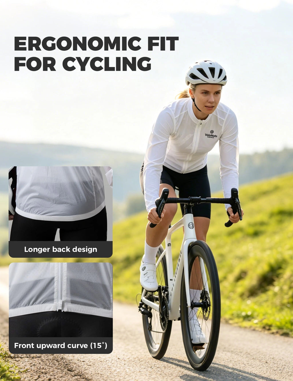 Velonuts Men's Lightweight Windproof Cycling Jacket with a Short High-Waisted Fit, Stretch Cuffs, and Two-Way Zipper.