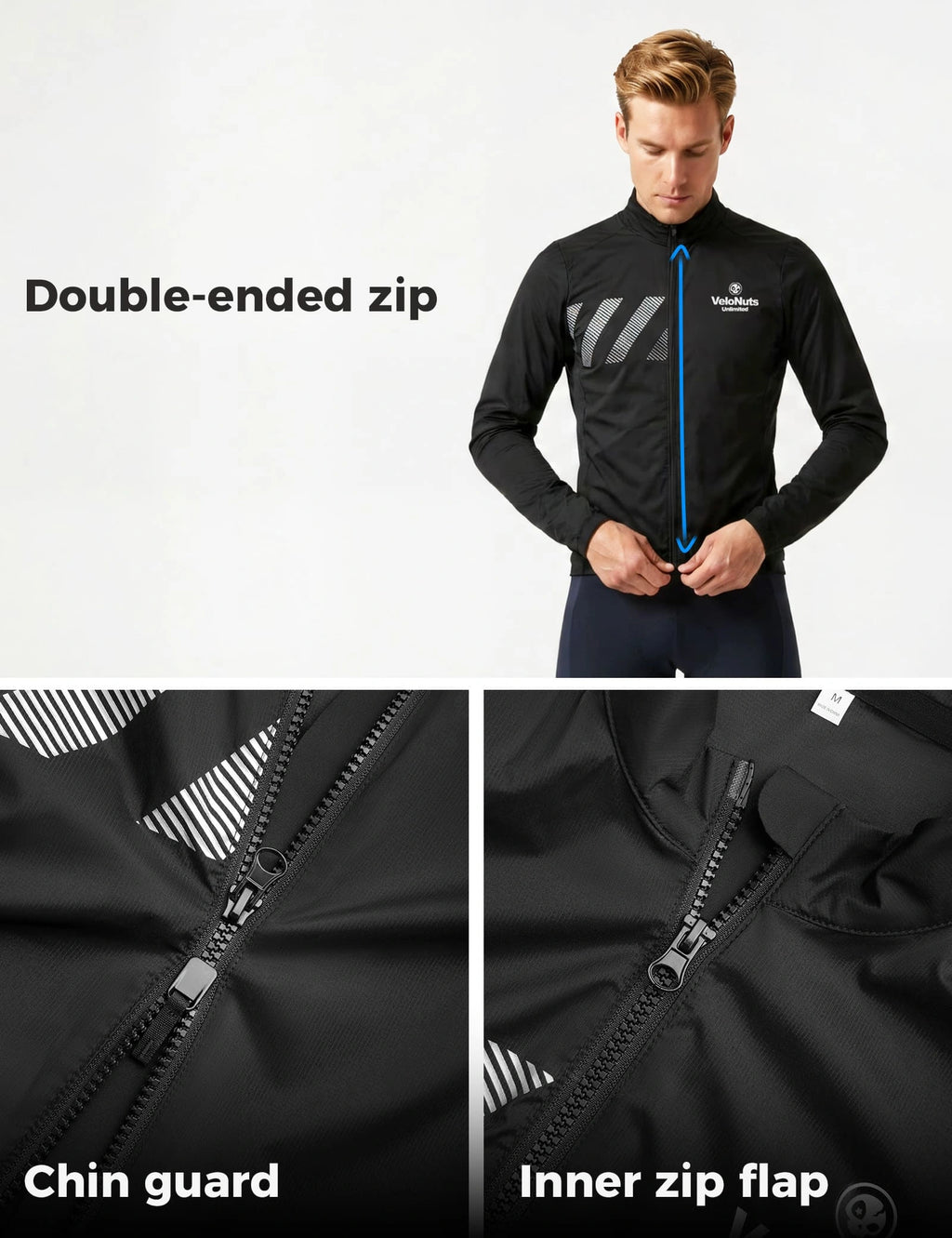 Velonuts Men's Lightweight Windproof Cycling Jacket with a Short High-Waisted Fit, Stretch Cuffs, and Two-Way Zipper.