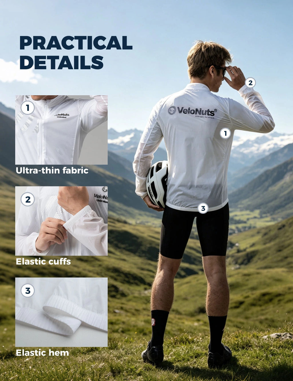Velonuts Men's Lightweight Windproof Cycling Jacket with a Short High-Waisted Fit, Stretch Cuffs, and Two-Way Zipper.
