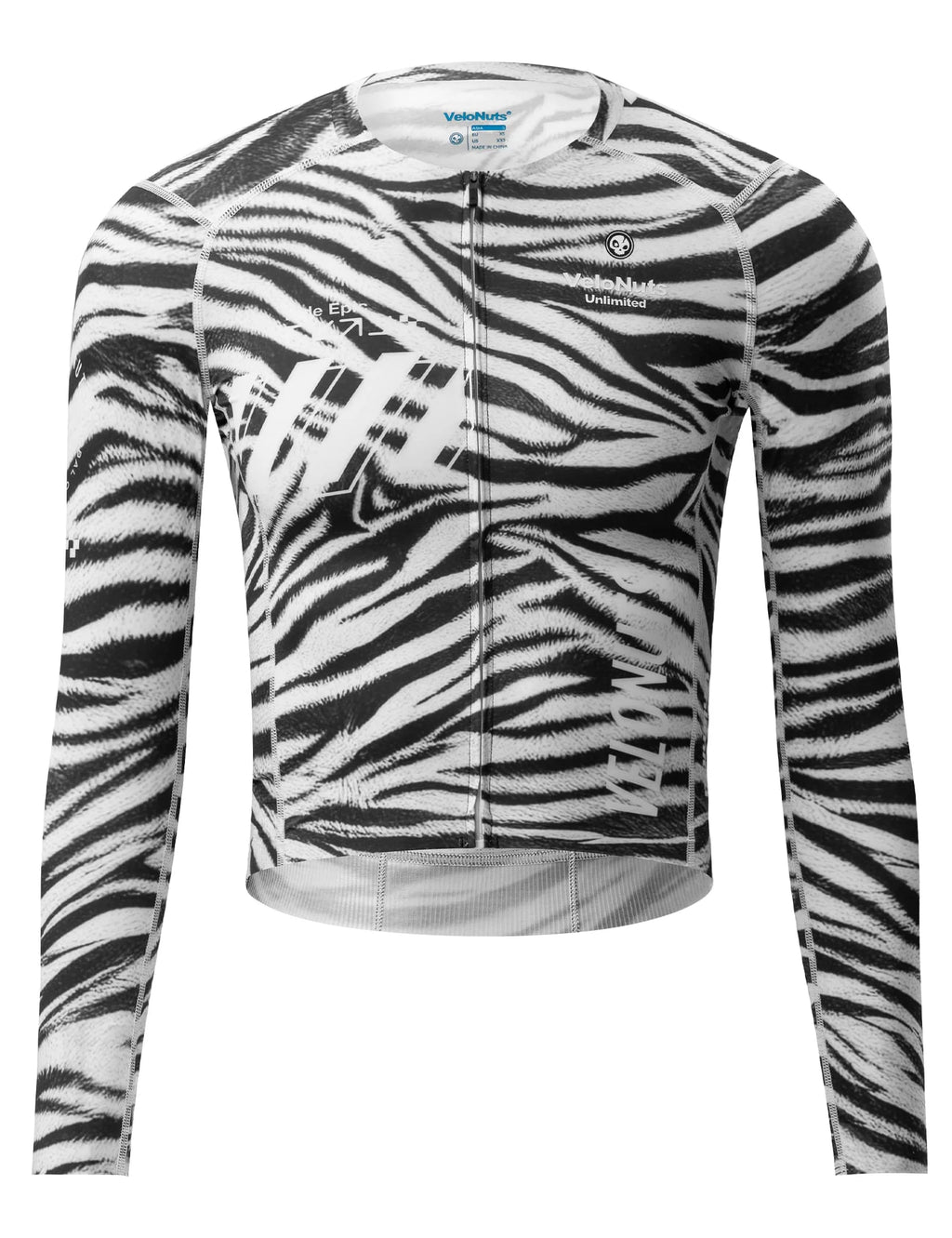 VeloNuts Men’s black and white cycling jersey with a zebra-inspired print, breathable side panels, silicone hem gripper, and three rear pockets.