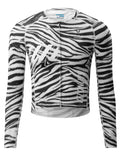 VeloNuts Men’s black and white cycling jersey with a zebra-inspired print, breathable side panels, silicone hem gripper, and three rear pockets.