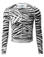 VeloNuts Men’s black and white cycling jersey with a zebra-inspired print, breathable side panels, silicone hem gripper, and three rear pockets.