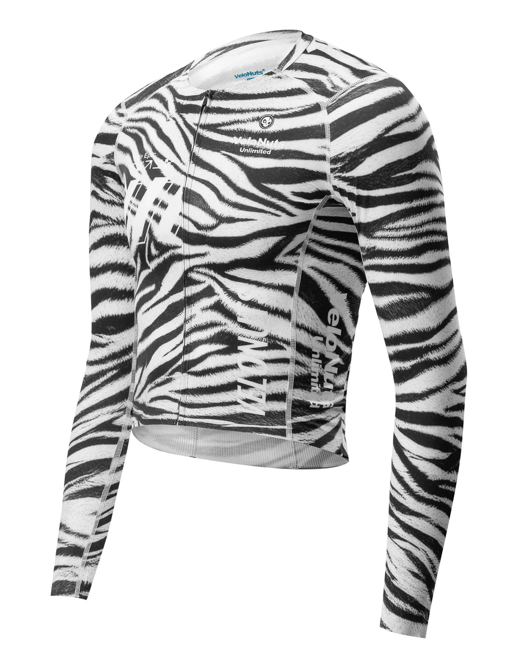 VeloNuts Men’s black and white cycling jersey with a zebra-inspired print, breathable side panels, silicone hem gripper, and three rear pockets.