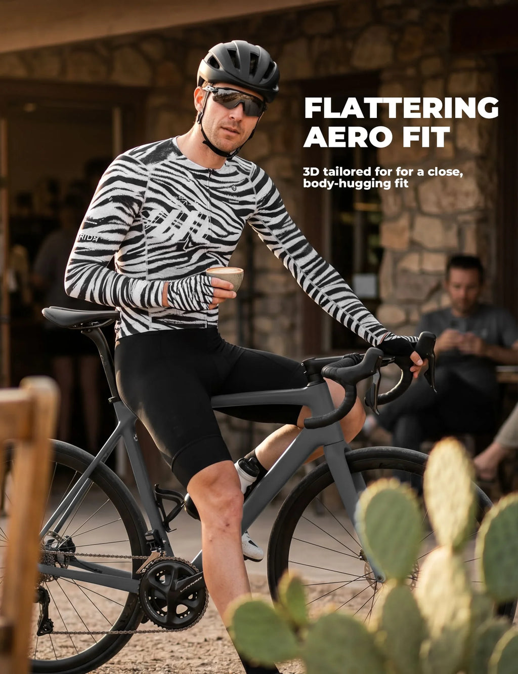 VeloNuts Men’s black and white cycling jersey with a zebra-inspired print, breathable side panels, silicone hem gripper, and three rear pockets.