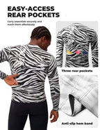 VeloNuts Men’s black and white cycling jersey with a zebra-inspired print, breathable side panels, silicone hem gripper, and three rear pockets.