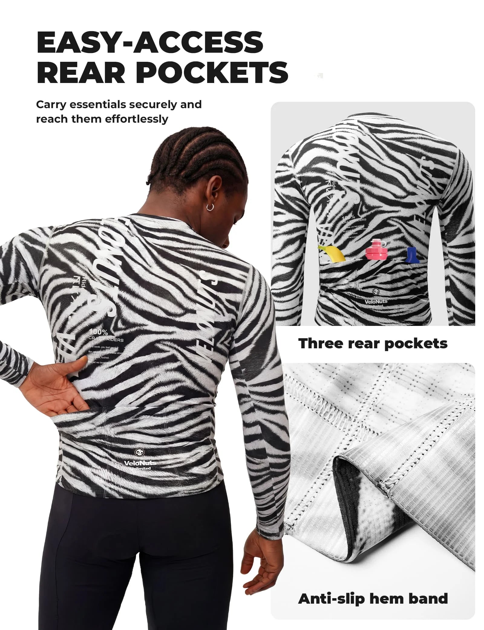 VeloNuts Men’s black and white cycling jersey with a zebra-inspired print, breathable side panels, silicone hem gripper, and three rear pockets.