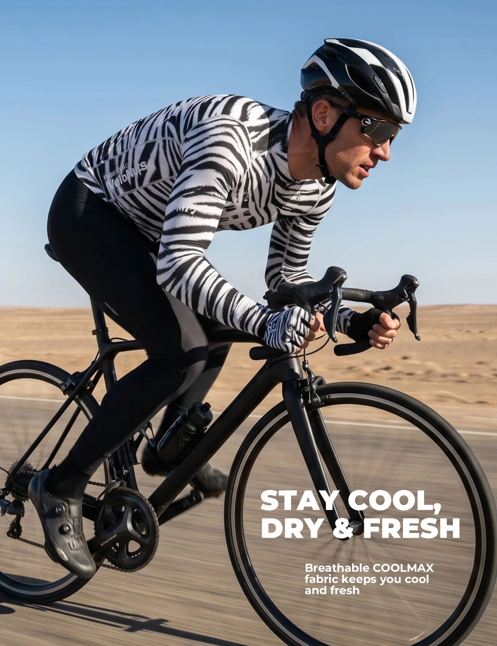 VeloNuts Men’s black and white cycling jersey with a zebra-inspired print, breathable side panels, silicone hem gripper, and three rear pockets.