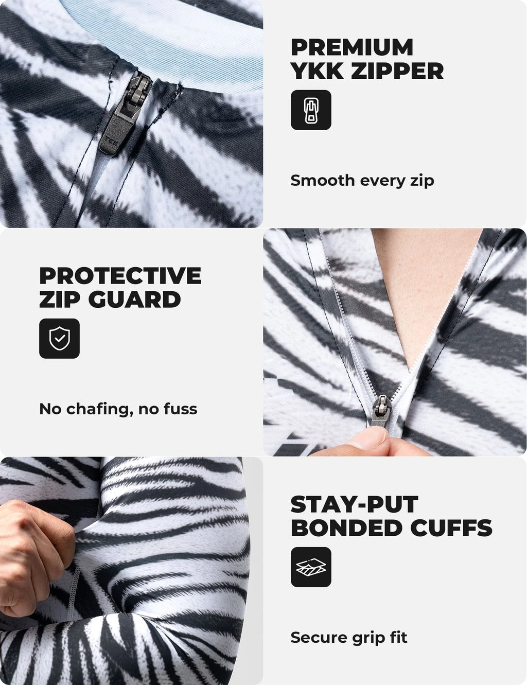 VeloNuts Men’s black and white cycling jersey with a zebra-inspired print, breathable side panels, silicone hem gripper, and three rear pockets.