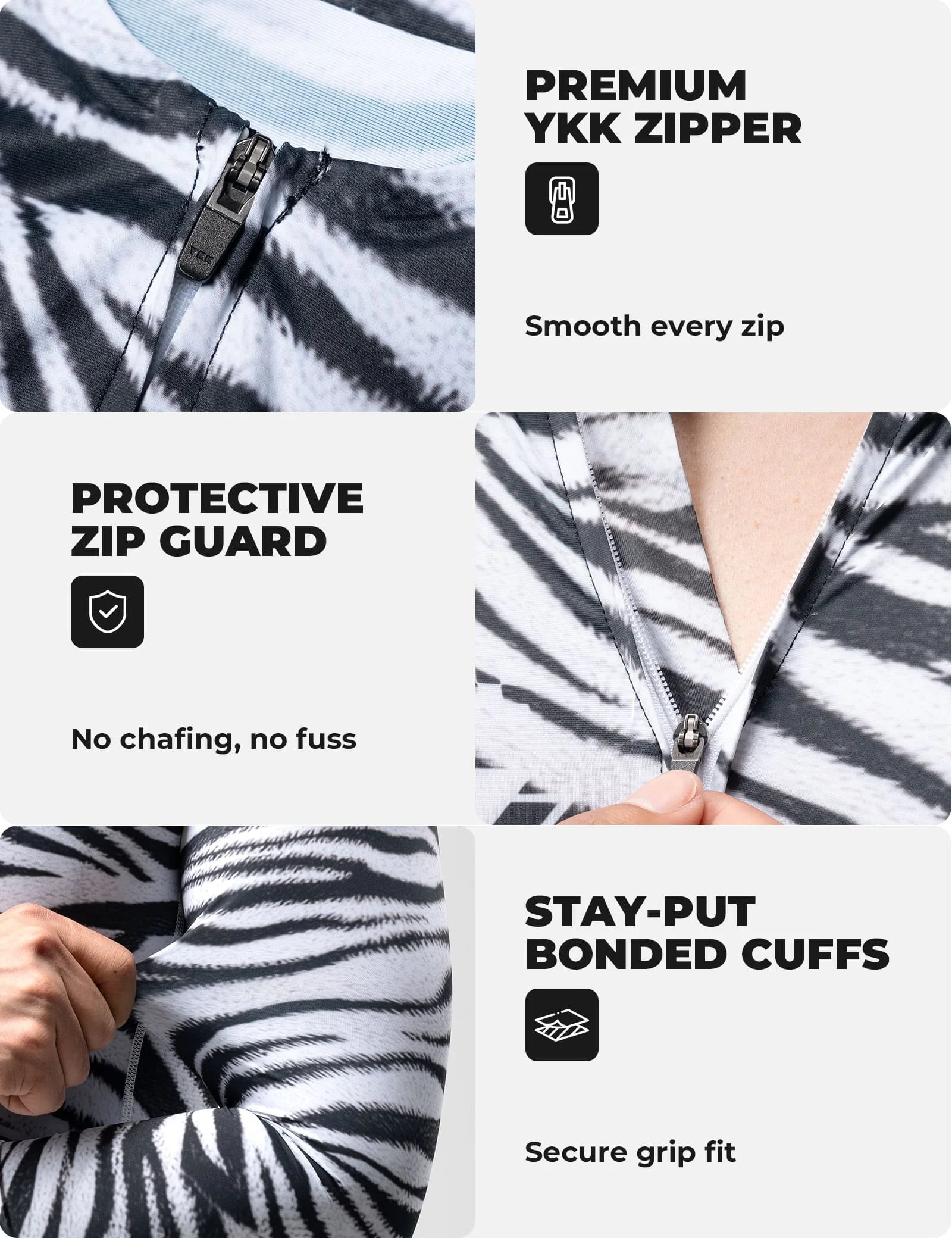 VeloNuts Men’s black and white cycling jersey with a zebra-inspired print, breathable side panels, silicone hem gripper, and three rear pockets.