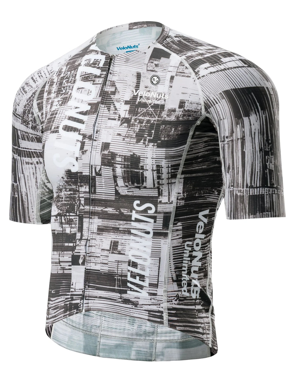 Men’s gray short sleeve cycling jersey with an urban cityscape print, breathable mesh panels and YKK zipper.