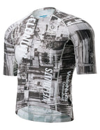 Men’s gray short sleeve cycling jersey with an urban cityscape print, breathable mesh panels and YKK zipper.
