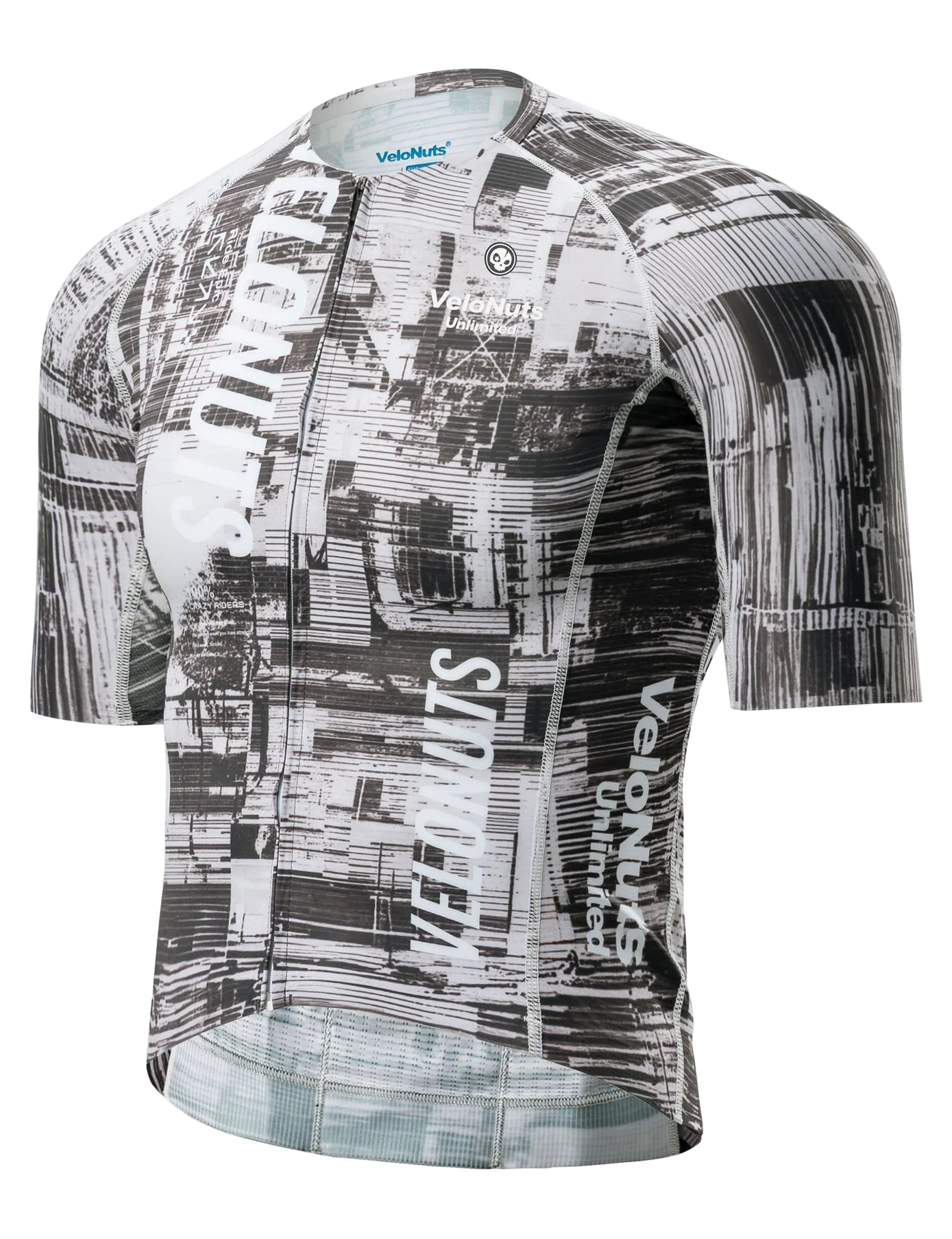 Men’s gray short sleeve cycling jersey with an urban cityscape print, breathable mesh panels and YKK zipper.