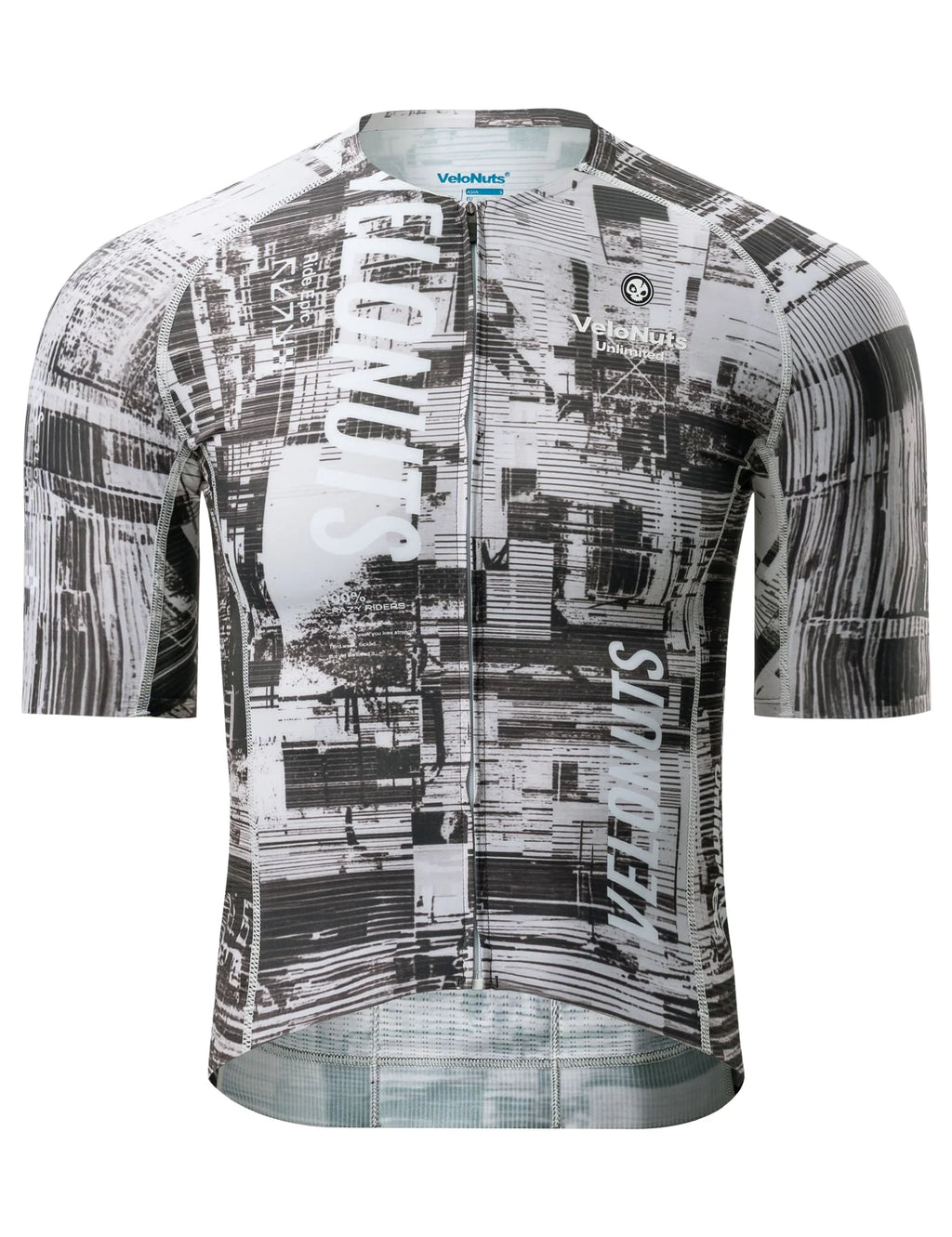 Men’s gray short sleeve cycling jersey with an urban cityscape print, breathable mesh panels and YKK zipper.