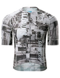 Men’s gray short sleeve cycling jersey with an urban cityscape print, breathable mesh panels and YKK zipper.