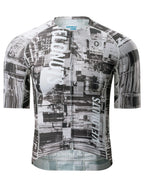 Men’s gray short sleeve cycling jersey with an urban cityscape print, breathable mesh panels and YKK zipper.