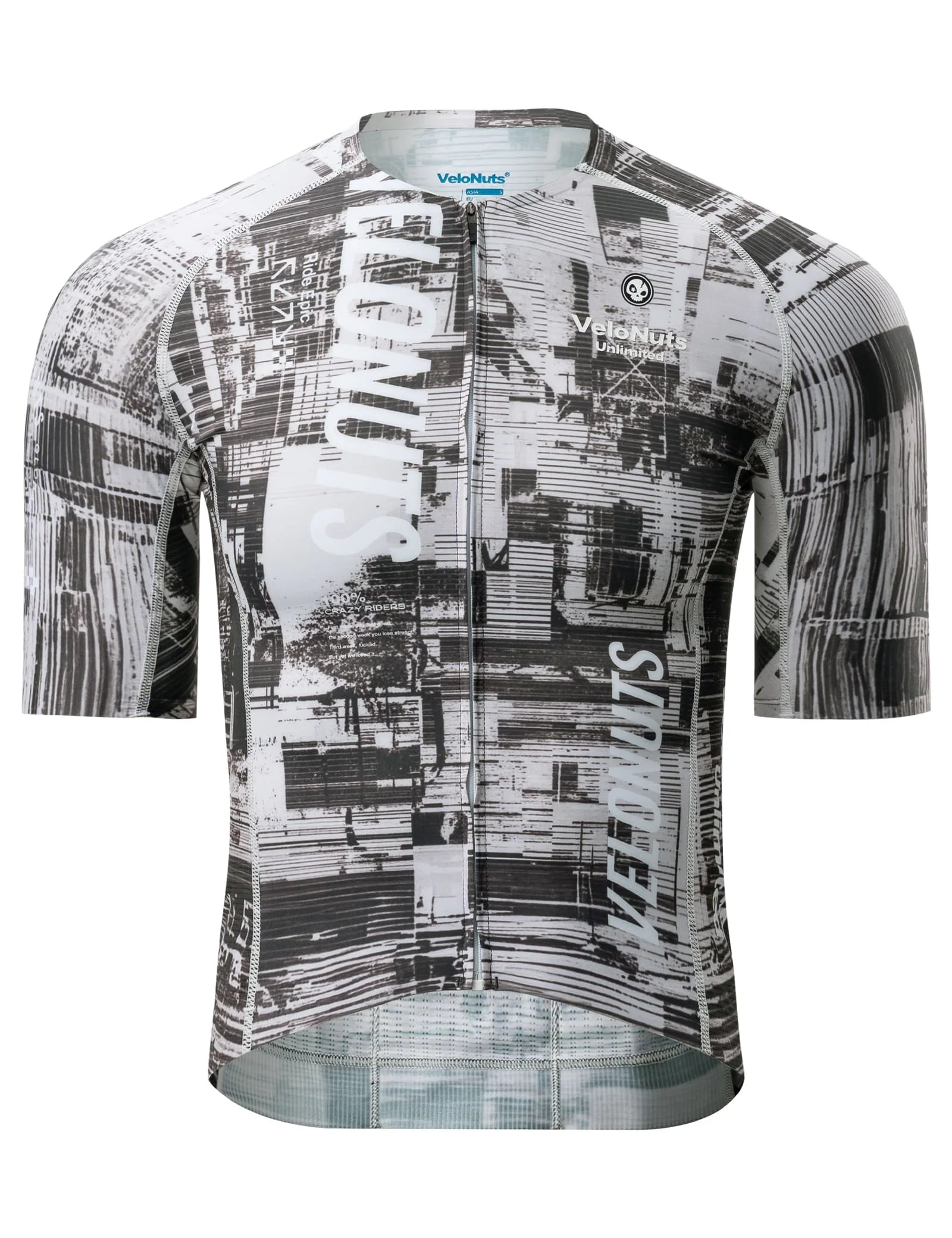 Men’s gray short sleeve cycling jersey with an urban cityscape print, breathable mesh panels and YKK zipper.
