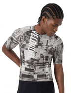 Men’s gray short sleeve cycling jersey with an urban cityscape print, breathable mesh panels and YKK zipper.