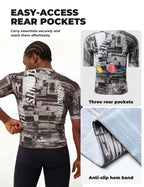 Men’s gray short sleeve cycling jersey with an urban cityscape print, breathable mesh panels and YKK zipper.