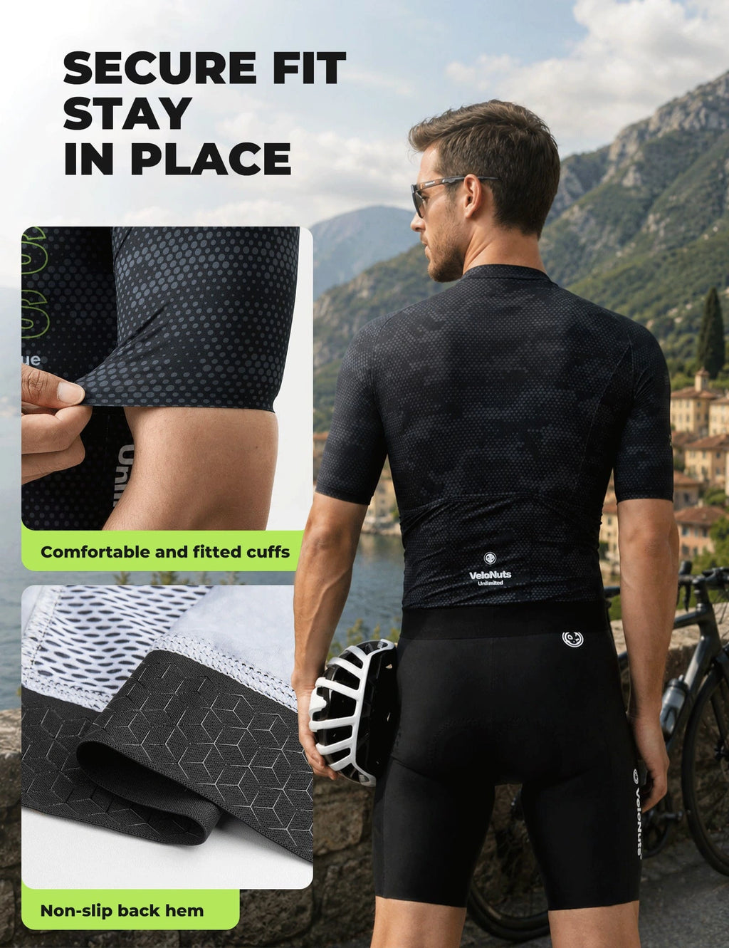 Men's black and fluorescent green short sleeve cycling jersey with python-inspired pattern and breathable mesh back.
