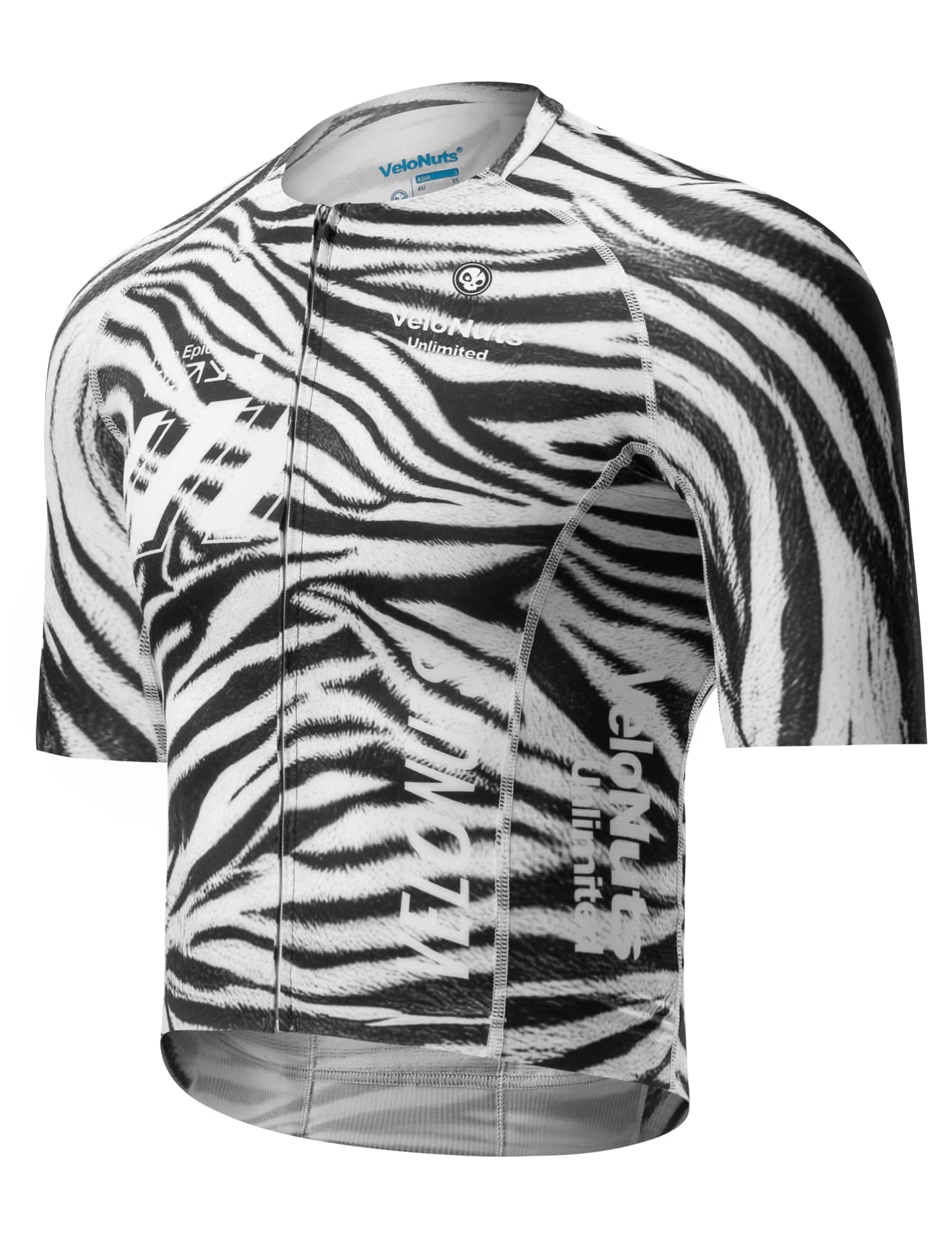 VeloNuts Men’s black and white short sleeve cycling jersey with a zebra-inspired print, breathable side panels and three rear pockets.