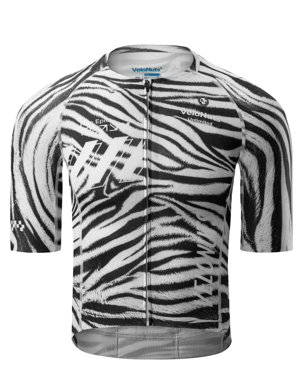 VeloNuts Men’s black and white short sleeve cycling jersey with a zebra-inspired print, breathable side panels and three rear pockets.