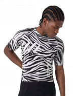 VeloNuts Men’s black and white short sleeve cycling jersey with a zebra-inspired print, breathable side panels and three rear pockets.