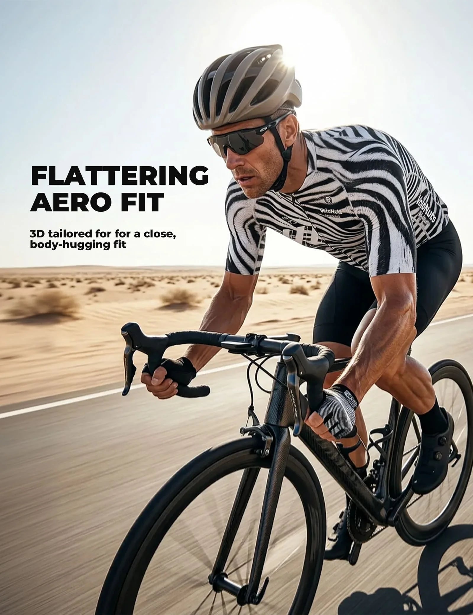 VeloNuts Men’s black and white short sleeve cycling jersey with a zebra-inspired print, breathable side panels and three rear pockets.