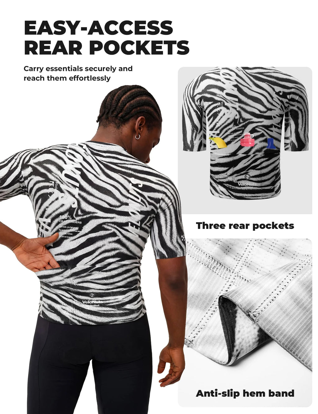 VeloNuts Men’s black and white short sleeve cycling jersey with a zebra-inspired print, breathable side panels and three rear pockets.
