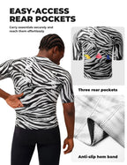 VeloNuts Men’s black and white short sleeve cycling jersey with a zebra-inspired print, breathable side panels and three rear pockets.