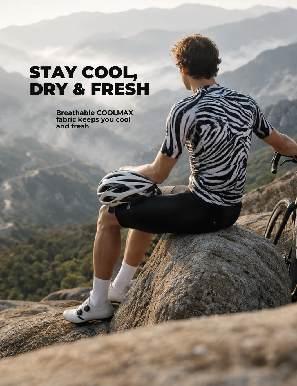 VeloNuts Men’s black and white short sleeve cycling jersey with a zebra-inspired print, breathable side panels and three rear pockets.