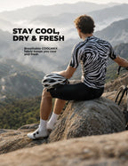 VeloNuts Men’s black and white short sleeve cycling jersey with a zebra-inspired print, breathable side panels and three rear pockets.