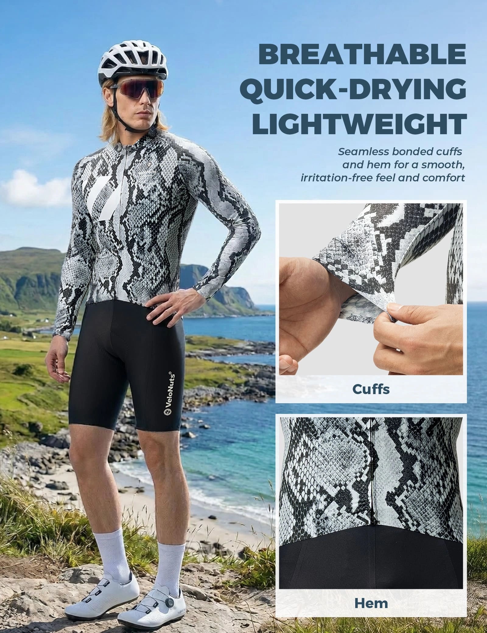 VeloNuts Clear Sky men's long sleeve cycling jersey with Eastern-inspired gradient print and breathable mesh panels.