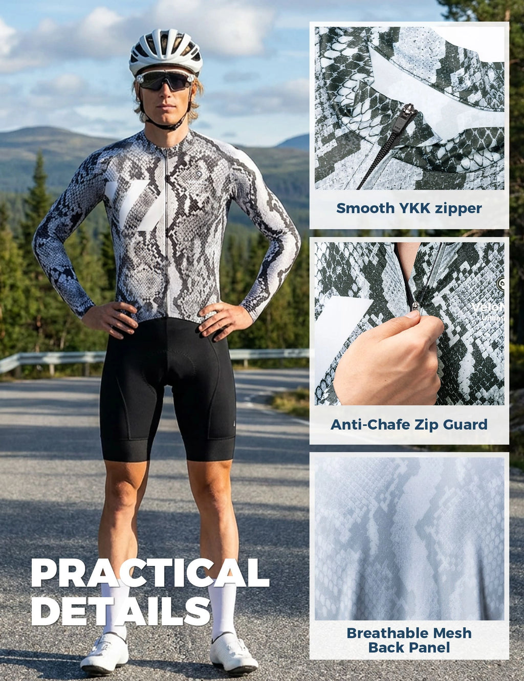 VeloNuts Clear Sky men's long sleeve cycling jersey with Eastern-inspired gradient print and breathable mesh panels.