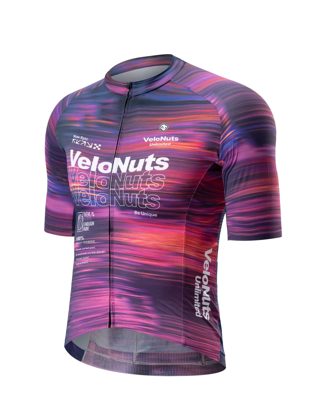 VeloNuts Men’s Short Sleeve Cycling Jersey with a Neon Gradient, Breathable Mesh Panels, YKK Zipper, and Three Rear Pockets.