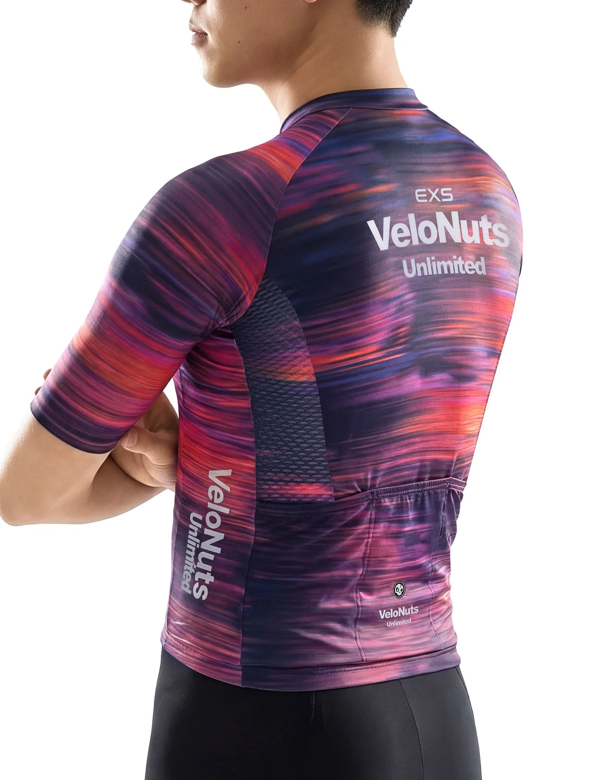 VeloNuts Men’s Short Sleeve Cycling Jersey with a Neon Gradient, Breathable Mesh Panels, YKK Zipper, and Three Rear Pockets.