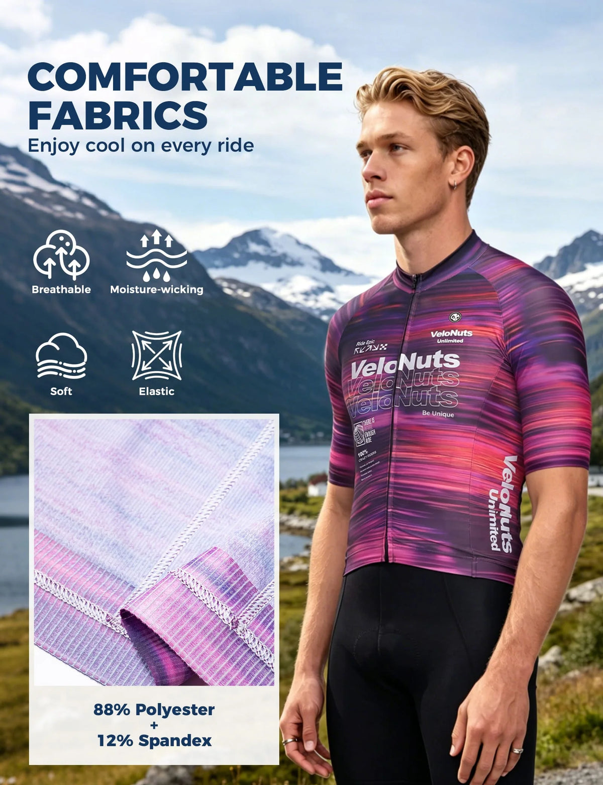 VeloNuts Men’s Short Sleeve Cycling Jersey with a Neon Gradient, Breathable Mesh Panels, YKK Zipper, and Three Rear Pockets.