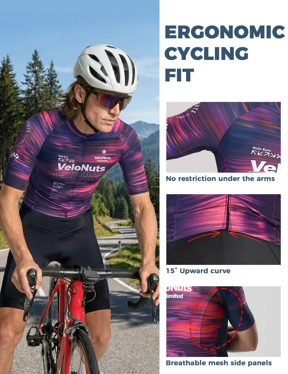 VeloNuts Men’s Short Sleeve Cycling Jersey with a Neon Gradient, Breathable Mesh Panels, YKK Zipper, and Three Rear Pockets.