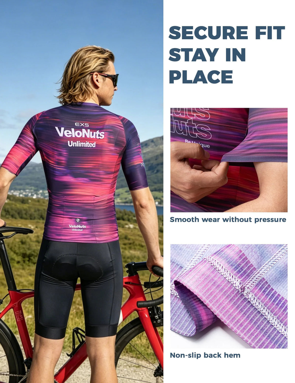 VeloNuts Men’s Short Sleeve Cycling Jersey with a Neon Gradient, Breathable Mesh Panels, YKK Zipper, and Three Rear Pockets.