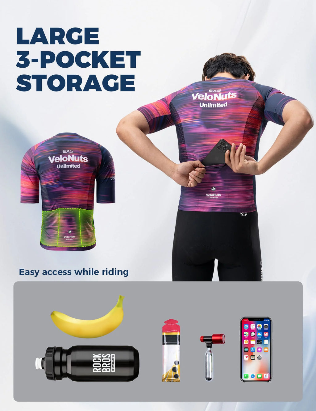 VeloNuts Men’s Short Sleeve Cycling Jersey with a Neon Gradient, Breathable Mesh Panels, YKK Zipper, and Three Rear Pockets.
