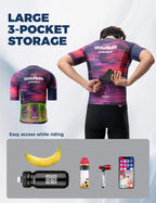 VeloNuts Men’s Short Sleeve Cycling Jersey with a Neon Gradient, Breathable Mesh Panels, YKK Zipper, and Three Rear Pockets.