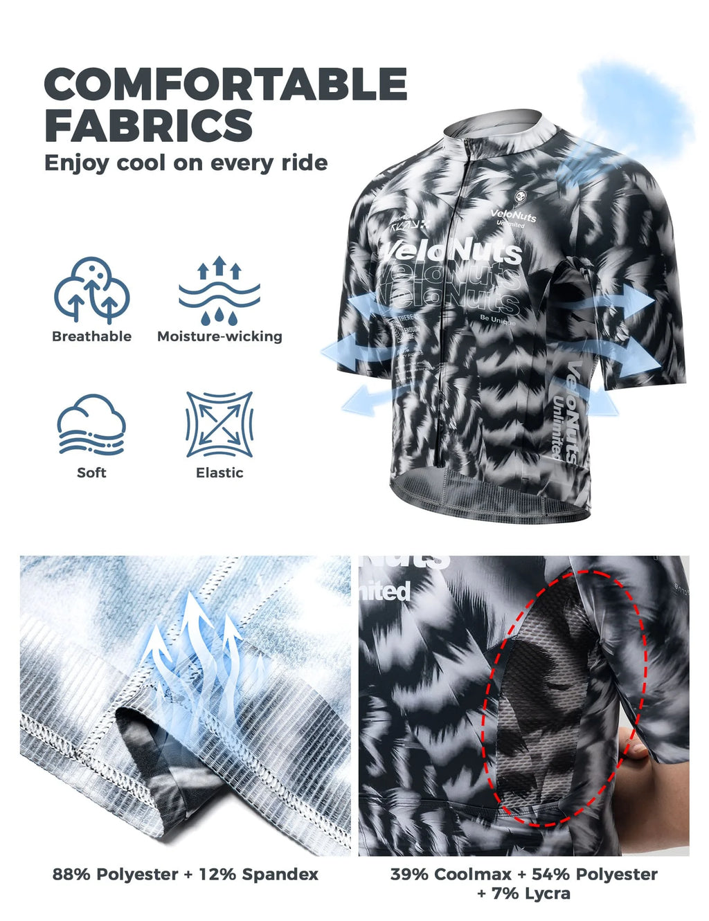 VeloNuts Men’s Short Sleeve Cycling Jersey with a Feather-Inspired Print, Breathable Mesh Panels and Three Rear Pockets