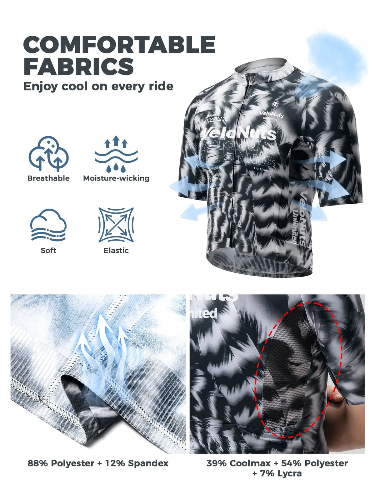 VeloNuts Men’s Short Sleeve Cycling Jersey with a Feather-Inspired Print, Breathable Mesh Panels and Three Rear Pockets