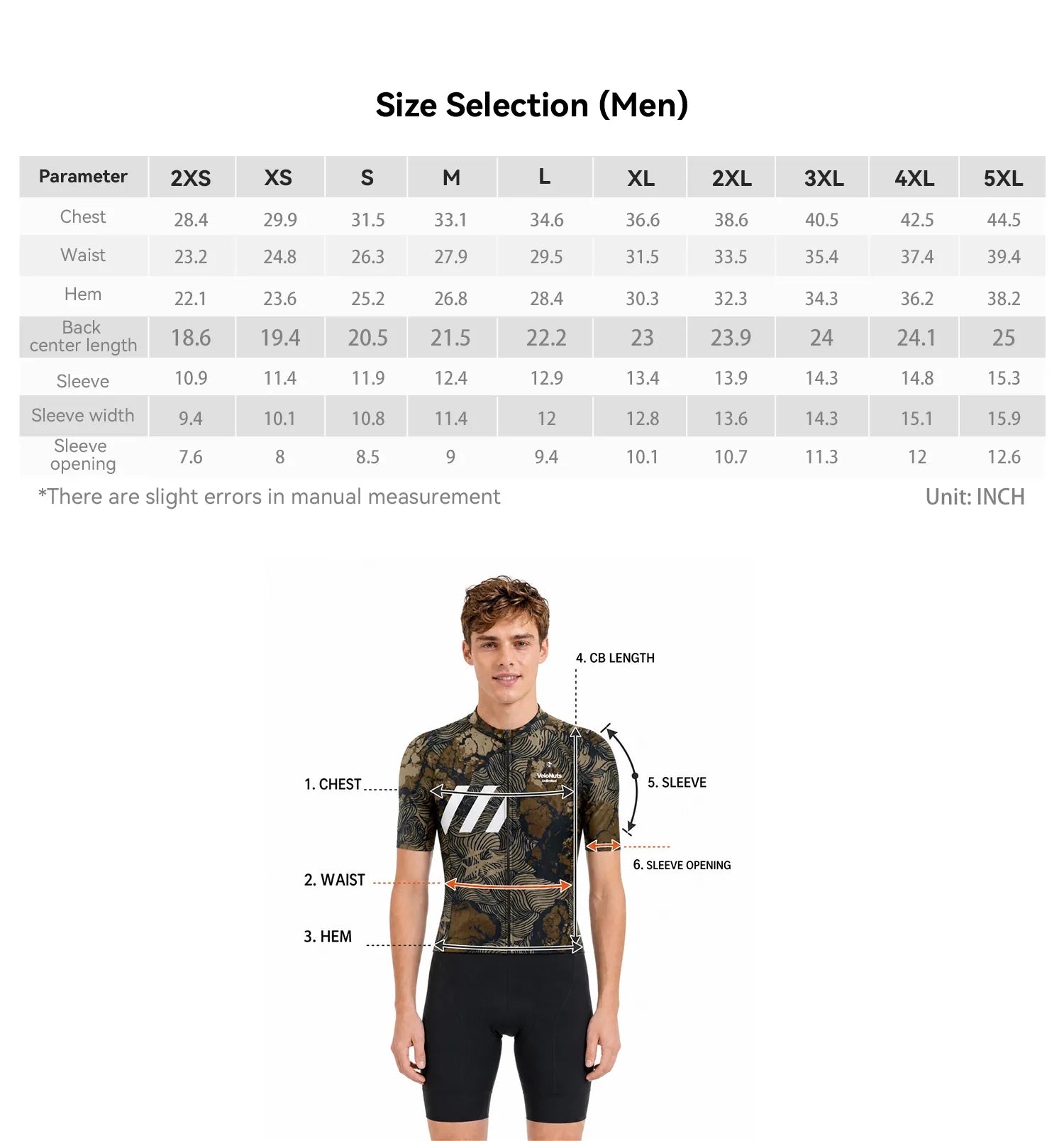 VeloNuts Men's Cycling Jersey Size Chart and Measurement Guide