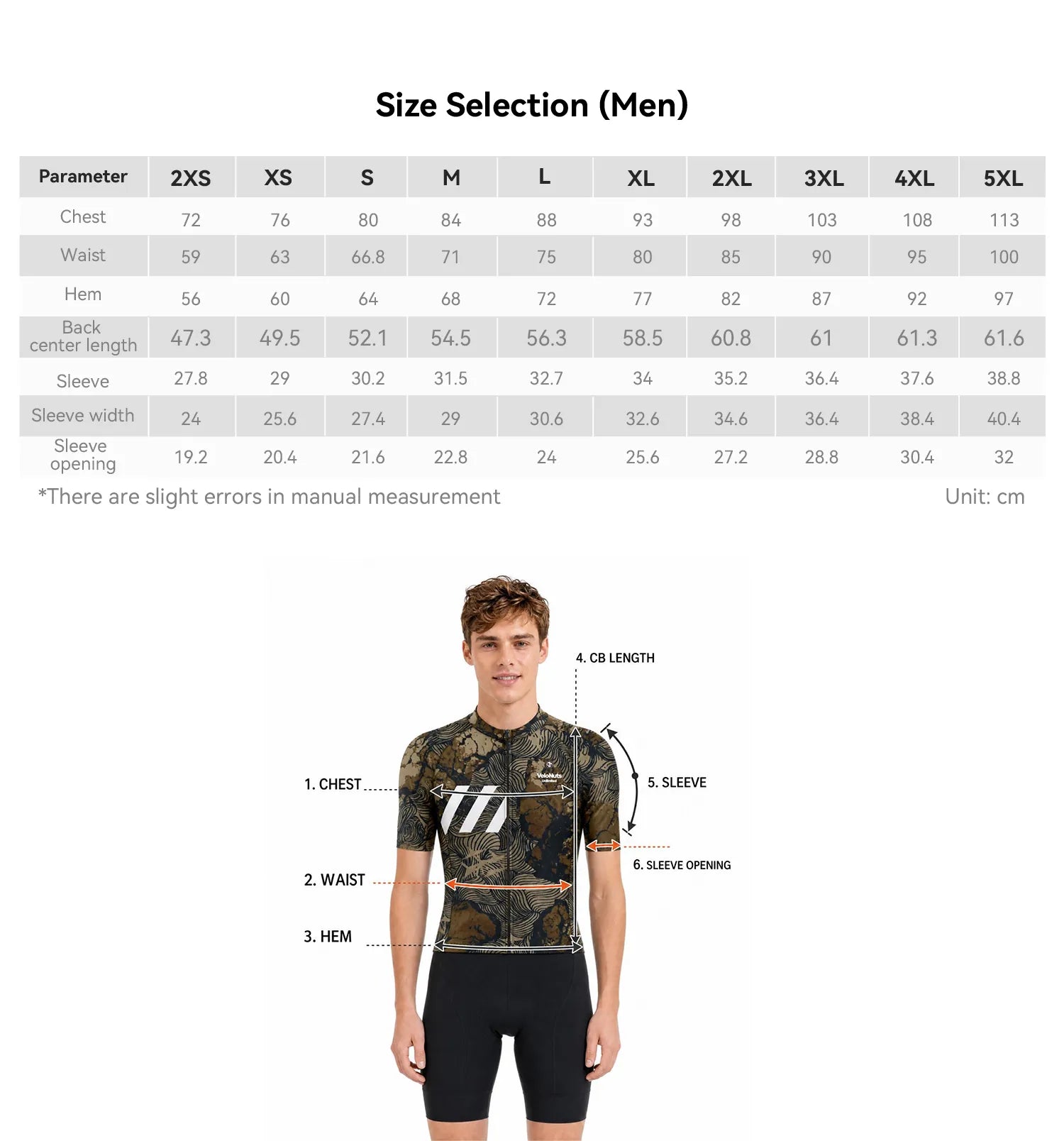 VeloNuts Men's Cycling Jersey Size Chart and Measurement Guide