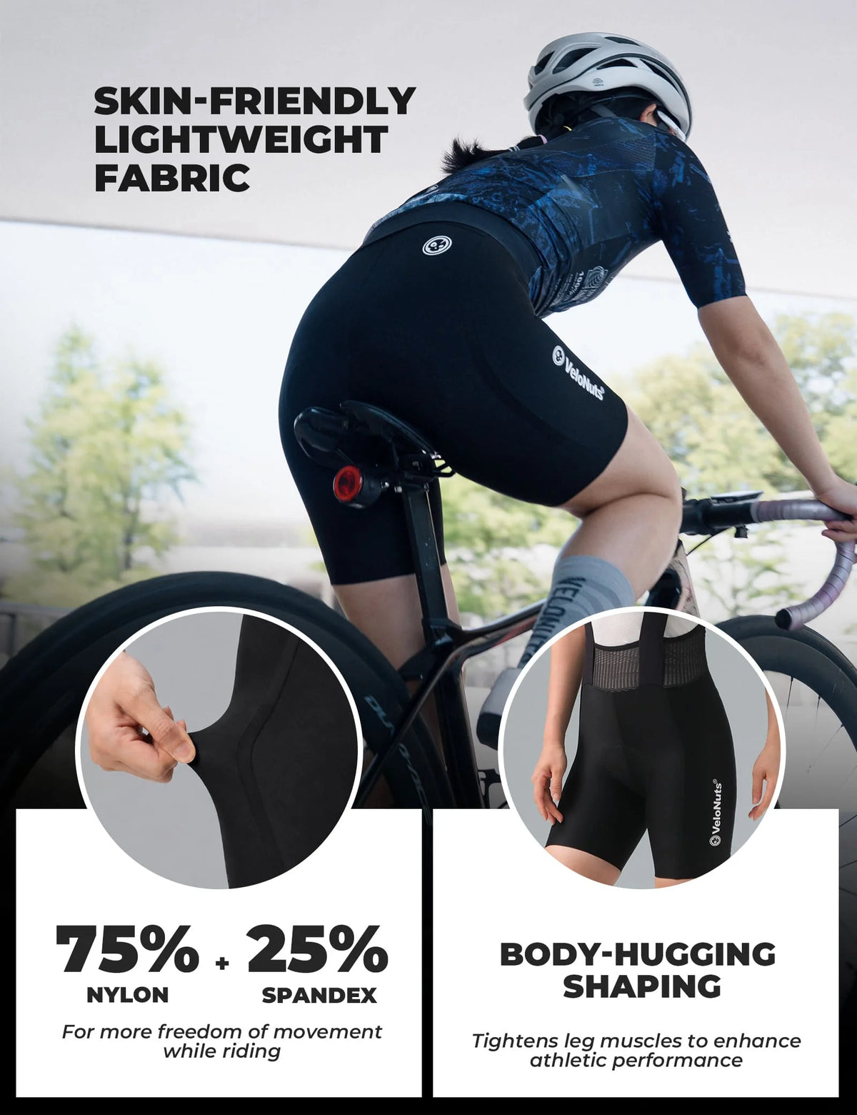 VeloNuts Women’s cycling bib shorts with breathable mesh straps, a cushioned Italian chamois, and anti-slip leg grippers.