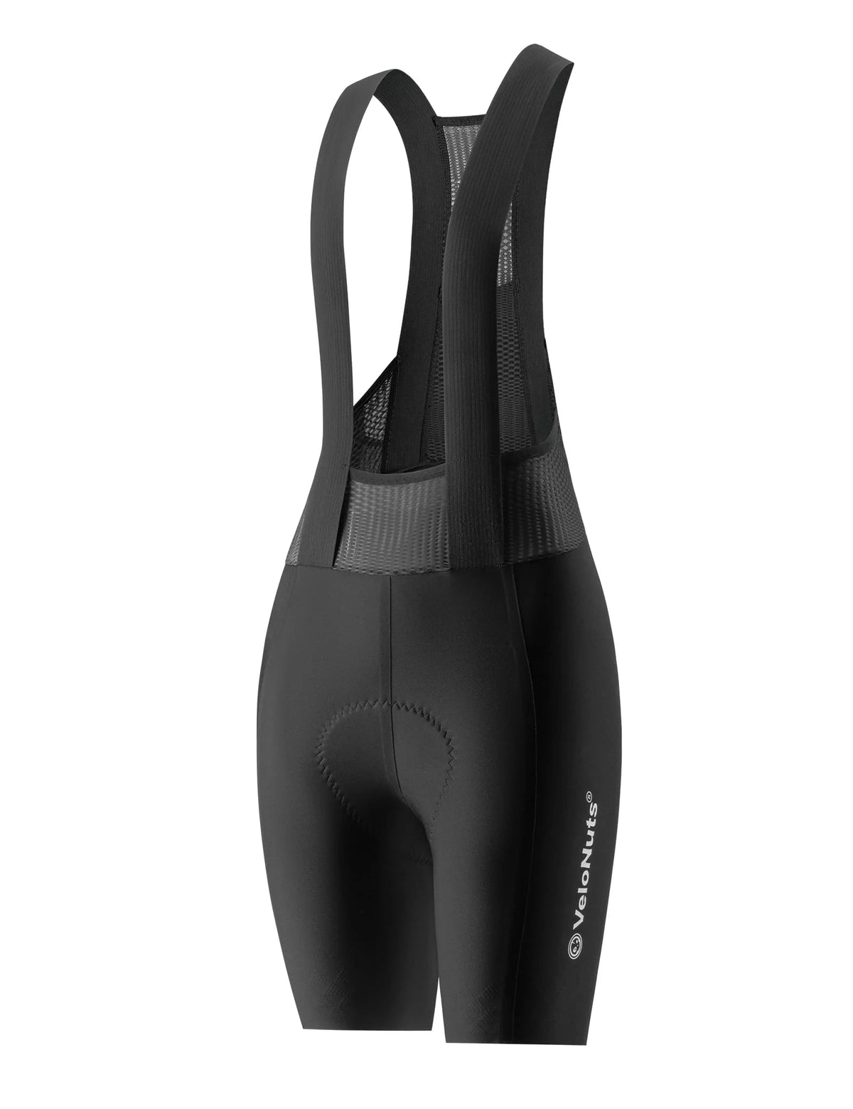 VeloNuts Women’s cycling bib shorts with breathable mesh straps, a cushioned Italian chamois, and anti-slip leg grippers.