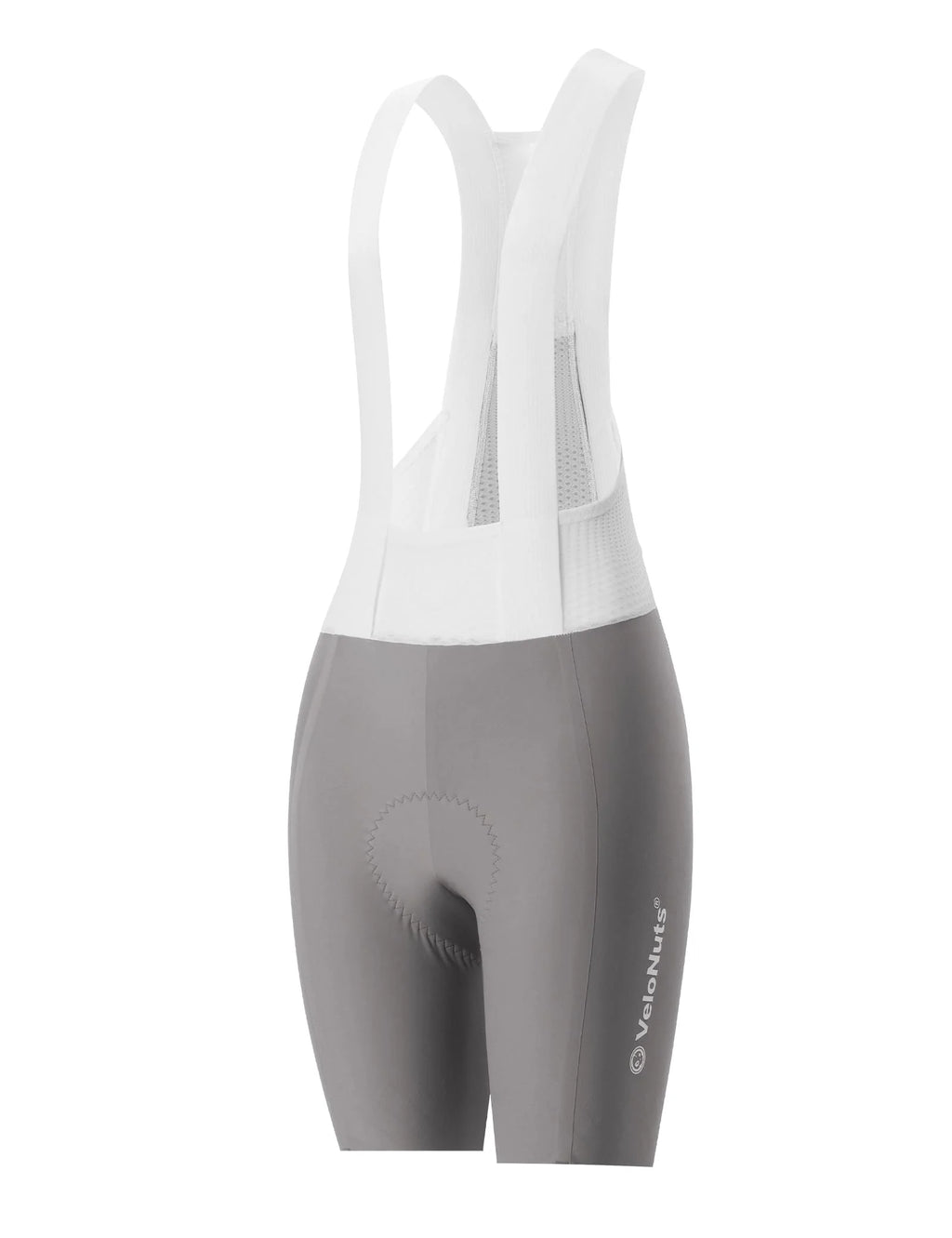 VeloNuts Women’s cycling bib shorts with breathable mesh straps, a cushioned Italian chamois, and anti-slip leg grippers.