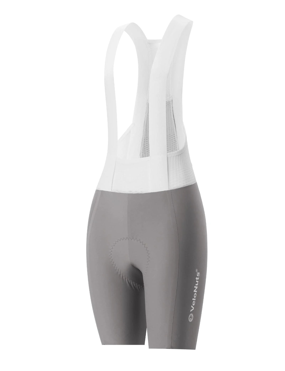 VeloNuts Women’s cycling bib shorts with breathable mesh straps, a cushioned Italian chamois, and anti-slip leg grippers.