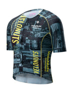 VeloNuts Women’s short sleeve cycling jersey with a tire-track print, breathable side panels and three rear pockets.